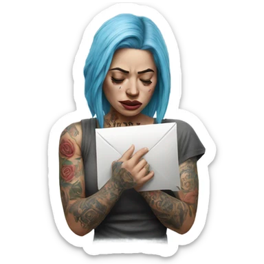 Hyper Realistic Beautiful tattooed woman crying holding a letter  sticker