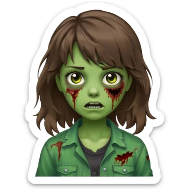 Uma menina zombie com um cabelo ondulado médio, com a franja pro lado esquerdo, o cabelo com cor castanho com a cor de pele verde  sticker