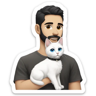 A guy with a black earing and black short hair and black beard and holding a all white Siberian cat with blue eyes  sticker