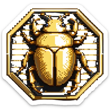 A golden hexagonal badge with a detailed beetle in the center, Discord bug hunter inspired sticker