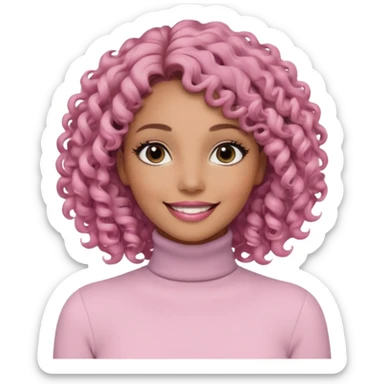 a woman with white long sleeve turtle neck top and smile, her hair is long curly and the color is black, her eyes color are black and the color of her lip is soft pink sticker