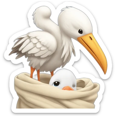  white stork carrying a bundle of cloth in its beak that has a cute baby human with light skin and dark hair and the baby face is peeking out from the cloths bundle the strok is carrying sticker