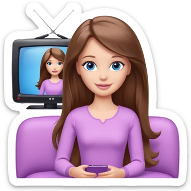 beautiful barbie girl with long brown hair, blue eyes and wearing light purple clothes watching tv sticker