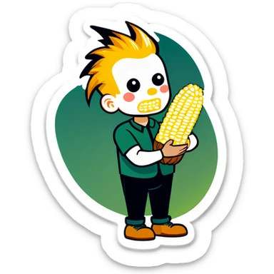 Bold corn with shining bold head holding logs in his hands and eating it  sticker