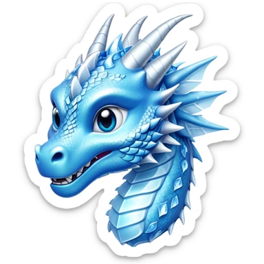 Cinematic Cute Beautiful Ice Dragon Portrait Emoji, Head tilted playfully and inquisitively, featuring a sleek, glacial form with intricately detailed, frost-kissed scales in shimmering blues and sparkling silver, accented by delicate ice crystal patterns and a gentle, enchanting glow; rendered with lifelike clarity and soft, natural light, high shine, charming and cool, styled with a touch of wintry fantasy, soft glowing outline, capturing the essence of a mischievous yet endearing ice guardian poised to twirl playfully into your dreams! sticker
