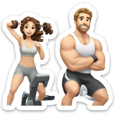 In a gym  husband with white skin and brown hair and wife with white skin and brown curly hair  sticker