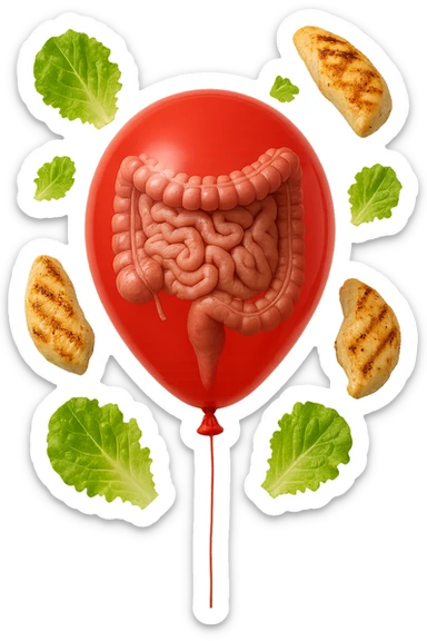intestino anatomico realistico chiuso in un palloncino rosso e foglie di insalata e petto di pollo grigliato che fluttuano intorno sticker