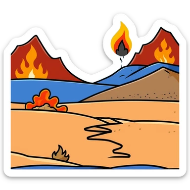 hot burning sand with flames and smoke rising from desert ground sticker