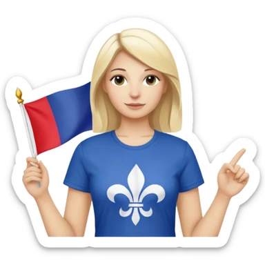 White woman with blonde hair holding a French flag in hand with a fleur-de-lily t-shirt sticker