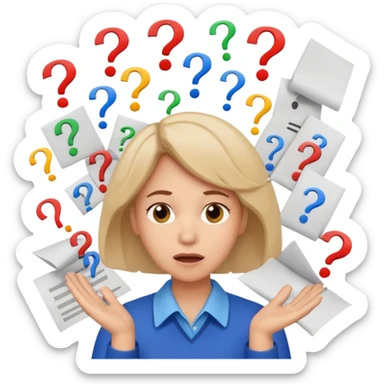 A kindergardenteacher with an overwhelmed expression, surrounded by flying papers and question marks. sticker