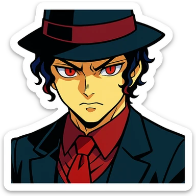 Muzan Kibutsuji from Demon Slayer, vibrant anime style, pale skin, black fedora, red eyes, menacing look sticker