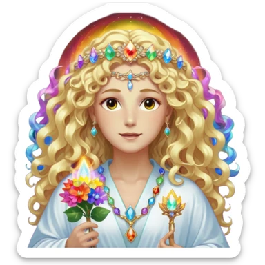 a being made of light pleidian nordic long faces and curly huge thick blond hair but beautiful features of light wearing jewels and a rainbow halo like a saint arount her a robe on made of light and gem  transparent belly dancer and who is lanky holding a bouquet of crystal flowers on rainbow fire sticker