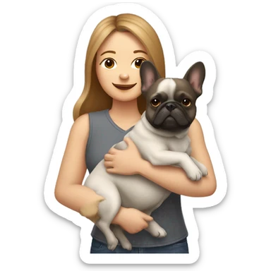 light brown hair woman hugging two dogs: a pomeranian and a dark gray french bulldog sticker