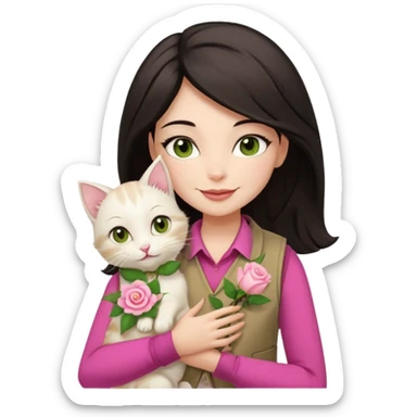 Make me an iphone avatar sticker of a woman with slightly brown black wavelength hair, dark brown eyes, slightly yellow white skin, pink lips, brown clothes and cream vest with a rose flower motif who is smiling and hugging a white kitten with green eyes. sticker