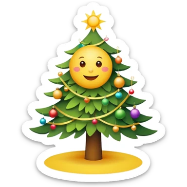 A bright sun next to a decorated Christmas tree, symbolizing summer party and Christmas celebration. Minimal details, flat colors, rounded shapes. sticker