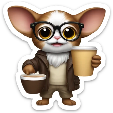 Cute gizmo from gremblins studyng with glasses and a coffe sticker