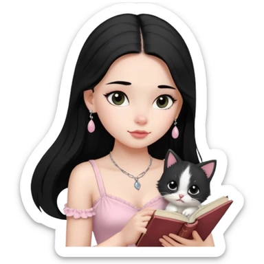 Menina branca ,cabelos cor preta longos, olhos cor preta puxados para cima. Cílios longos, lábios grossos ,nariz pequeno ,vestido rosa claro de alça. Colar e brinco delicado. Lendo um livro com gatinho preto e branco. sticker