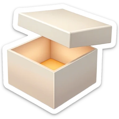A clean, modern open box with crisp edges and a subtle shadow beneath, slightly tilted for depth. A soft glow or faint sparkles rise from inside, hinting at potential content yet to be added. The design is sleek, flat, and uncluttered, maintaining a light and inviting feel, perfect for an empty state UI. sticker