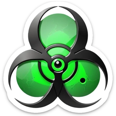 Minimalist emoji-style sticker of a fractured biohazard symbol with a small eye in the center. Stylized, geometric, no text.
 sticker