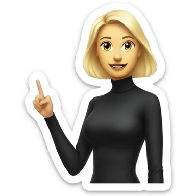 blonde woman in black turtleneck pitching investment to investors in front of a whiteboard sticker