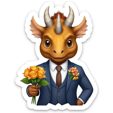 old triceratops in suit holding flowers sticker