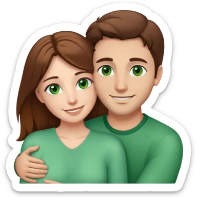 white couple with brown hair, woman has green eyes. man has brown eyes, they’re hugging each other  sticker