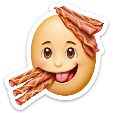tongue out emoji holding a bacon strip, playful pose sticker