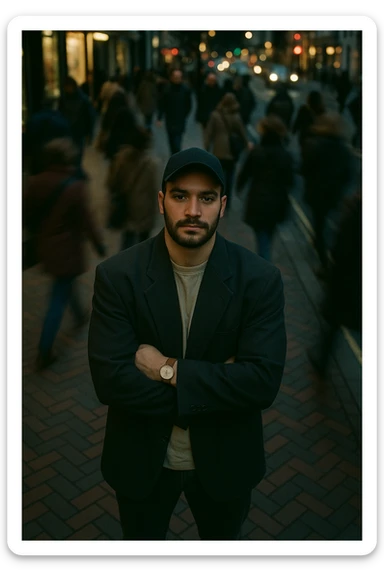 overhead shot of me standing still on a brick city sidewalk, wearing a dark oversized blazer,
motion-blurred crowd rushes past around me. Moody lighting, 35mm film look, shallow depth of field, sharp focus on me. sticker