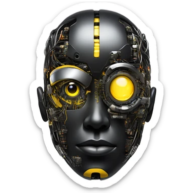 black and yellow cyborg head with circuitry and artificial eyeball sticker