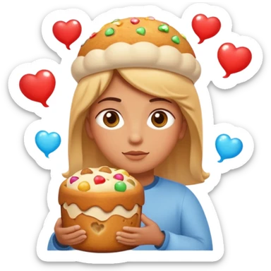 Apple-style emoji illustration of a person with dreamy eyes, and avobe them a thinking bubble with a traditional panettone inside the bubble, small hearts floating around, soft 3D emoji style, smooth gradients, rounded shapes, warm festive colors, simple expression. sticker