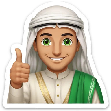 Tanned Arab Saudi man with green eyes, wearing an agal and traditional attire, smiling happily and giving a big thumbs-up sticker