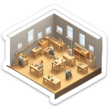 isometric square solid outline border containing indoor creative workshop handmade woodworking factory people actively working cnc machine tools simple clean industrial brutalist sticker
