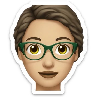 White woman with long dark brown hair and green eyes using glasses writing sticker