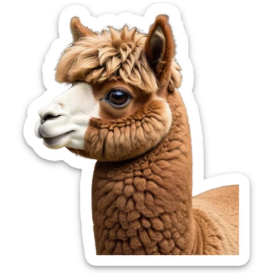 Cinematic Noble Brown Alpaca Portrait Emoji, Poised and regal, with a sturdy, graceful build and a rich, well-groomed brown fleece, deep-set soulful warm eyes, Simplified yet sharp and sophisticated features, highly detailed, glowing with a soft, dignified glow, high shine, intelligent and serene, stylized with an air of pastoral elegance, focused and attentive, soft glowing outline, capturing the essence of a watchful and confident companion, so majestic it feels as though it could stride out of the screen with effortless authority! sticker
