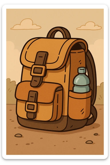 a small, rugged hiking backpack with a water bottle pocket, adventure vibe, flat toon style illustration sticker