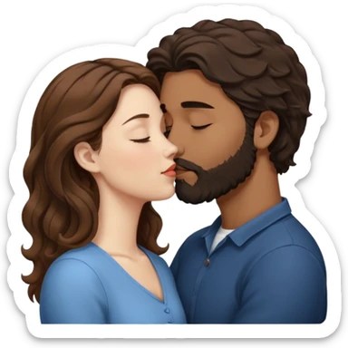 The woman is kissing the forehead of the man, side profile, White woman (brown hair with eyes closed) and brown man with black wavy hair (has a a beard with his eyes closed too). sticker