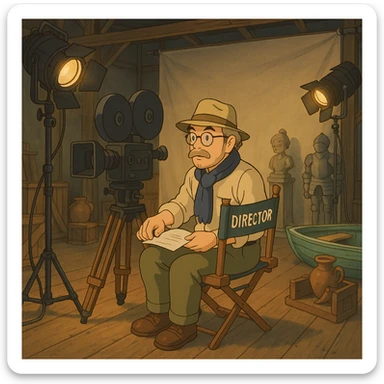 ghibli style movie set with director, spotlights, and props sticker
