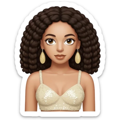 Solange with long dark brown hair, ivory sequin crop top, ivory earring sticker
