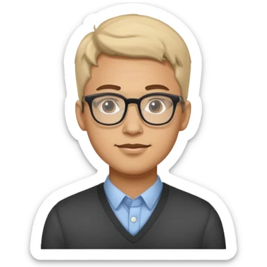 a man in his early 20s wearing glasses for a tech company sticker