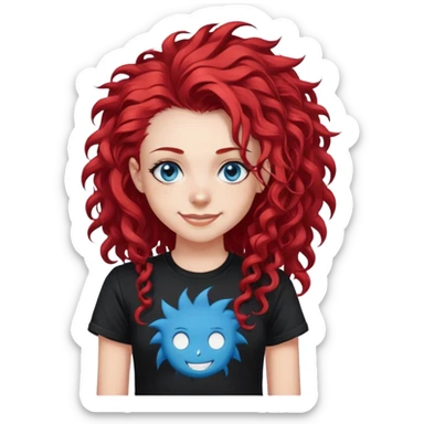 smiling punk-girl with long curly red hair and blue eyes, in a black punk t-shirt sticker