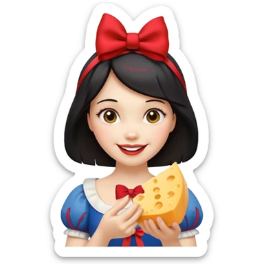  smiling Snow White with red bow ob head holding wedge of cheese sticker