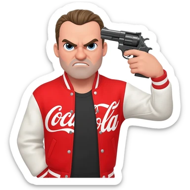 grumpy coca-cola guy with a gun on the head sticker