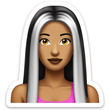 Tanned woman with long black hair dressed in Y2K hip hop hair, makeup, and neon attire sticker