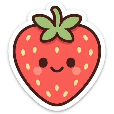 A series of illustrations stawberry in a kawaii emoji style, with detailed shading and highlights, thin clean outlines, soft and rounded features. Pastel color palette using  #FF5B5B, #CE4C4C,#CE4C4CThe style is inspired by modern Japanese pop art and sticker aesthetics. Highly detailed, vector clarity, soft lighting and subtle shadows. Transparent background without background. sticker
