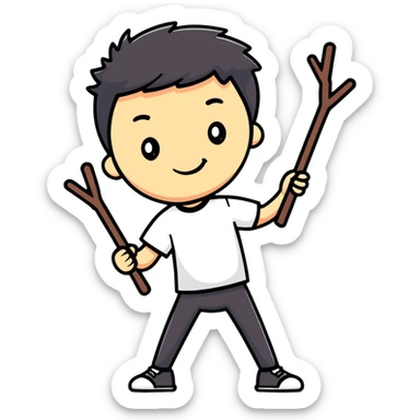 cartoonish sticker of a stick man in a colorful T-shirt, playful pose sticker