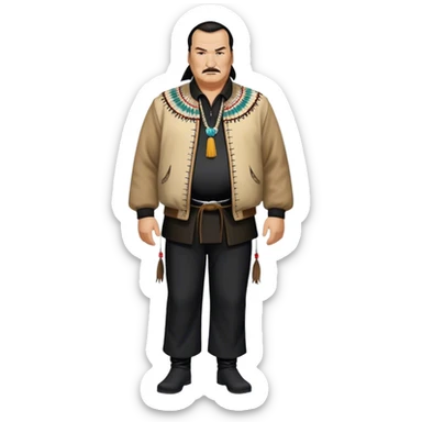 unhealthy steven segal standing render-entire-body balding with ponytail. pot belly.  visible-legs native american style jacket-with-tassles black pants big belly sticker