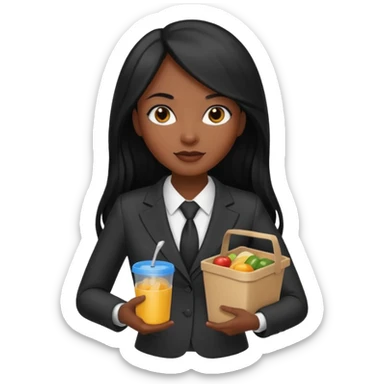 dark long haired woman with suit holding food container sticker