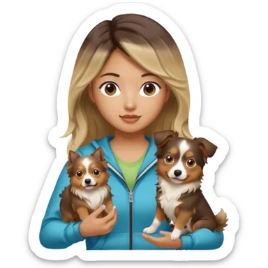 An Asian lady with long balayage hair with blonde highlights, in a brown gym outfit, holding a mini Australian shepherd  sticker