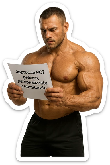 BODYBUILDER CHE LEGGE UN FOGLIO CON LA SCRITTA "approccio PCT preciso, personalizzato
e monitorato" sticker