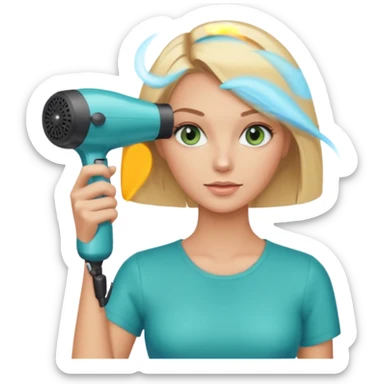Blonde bob girl hair stylist with blue green eyes holding a hair dryer sticker